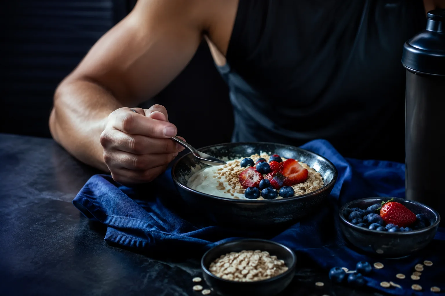 A bowl of yogurt, fruit, and oats