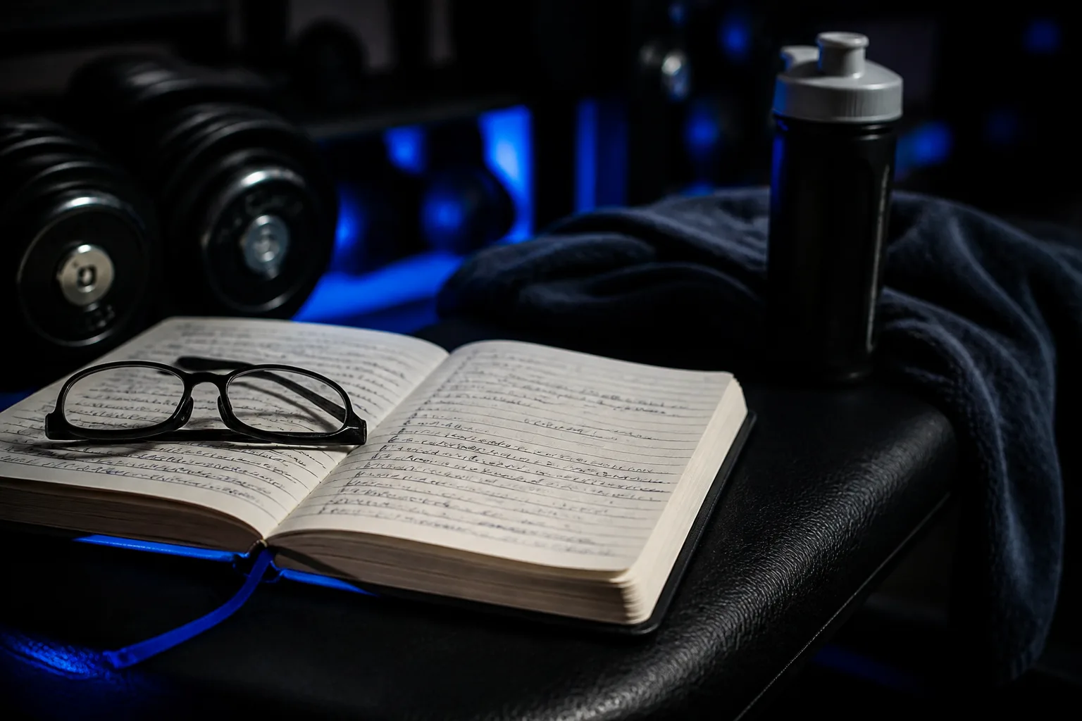 A notebook and glasses beside training equipment