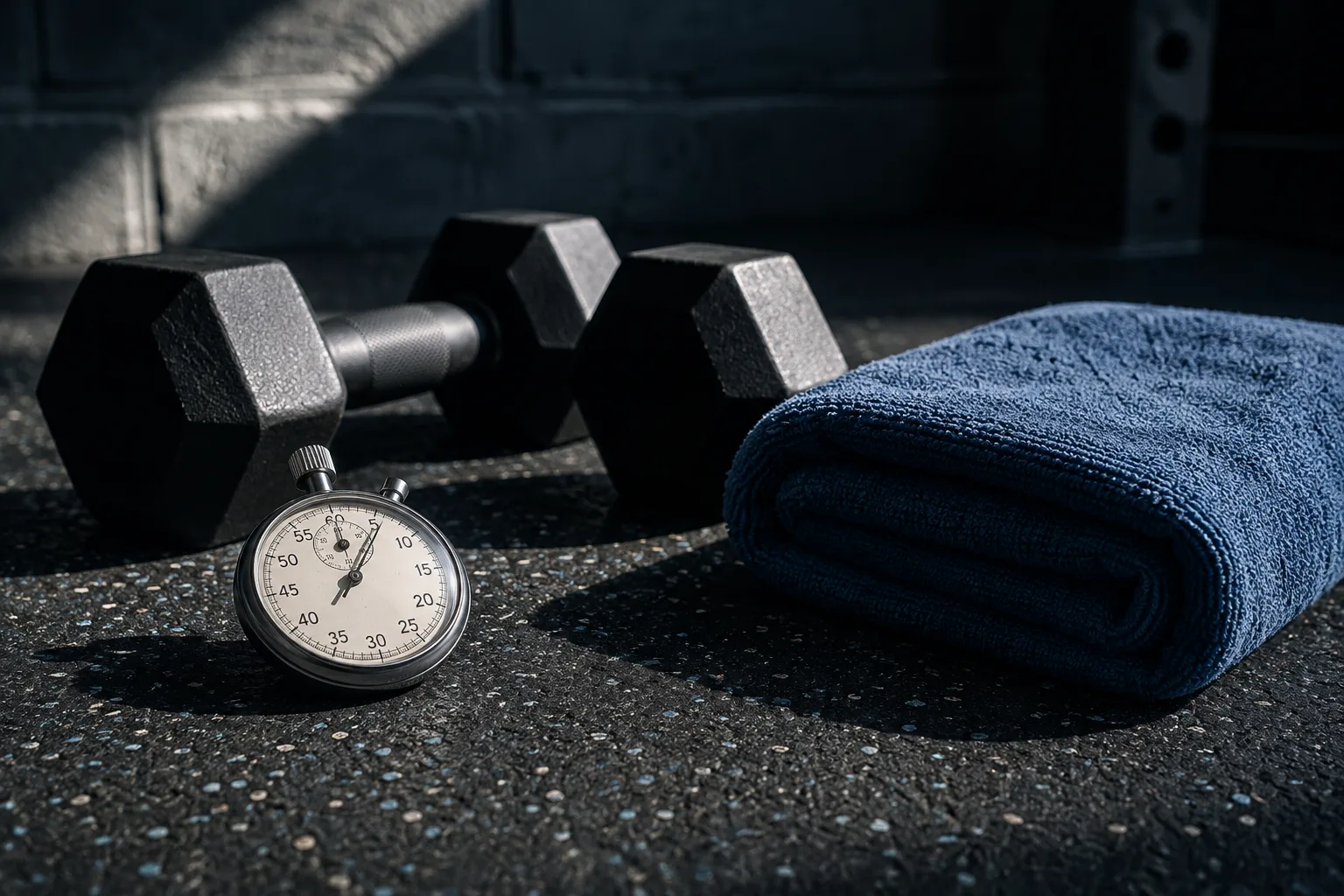 Dumbbells, a stopwatch, and a blue towel
